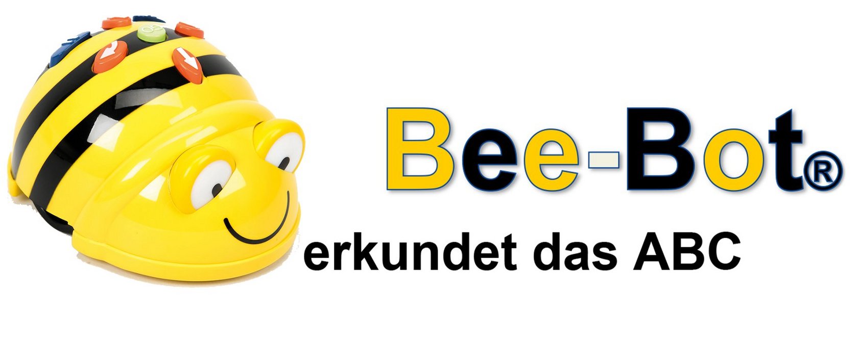 Ein Bodenroboter mit der Beschriftung "Bee-Bot erkundet das ABC"