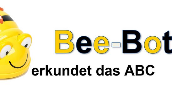 Ein Bodenroboter mit der Beschriftung "Bee-Bot erkundet das ABC"