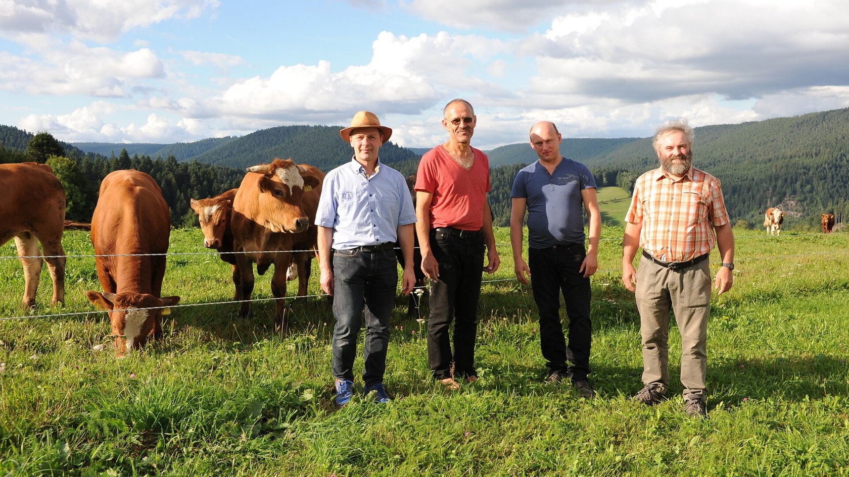 Vier Männer stehen vor einer Kuhweide