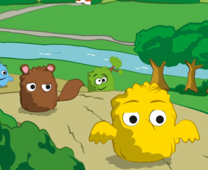 Gelbe Figur und ein braunes Tier in Zeichentrick