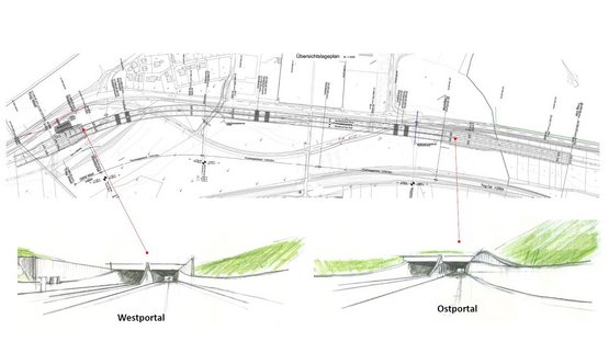 Das West- und das Ostportal des Tunnel Hegne in einer grafischen Darstellung