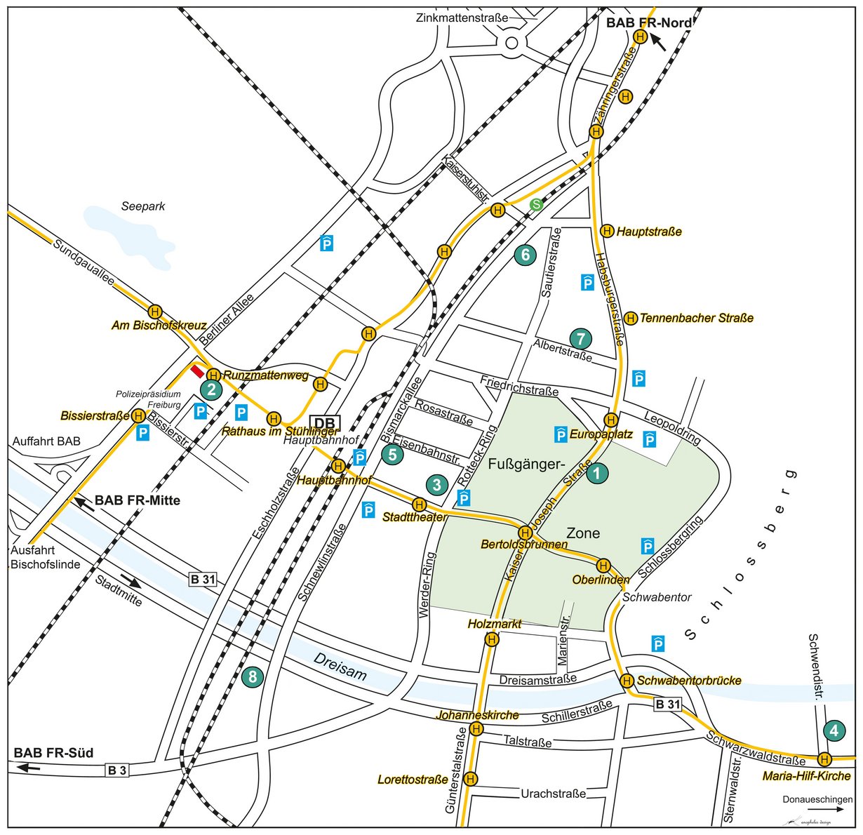 Das Bild zeigt eine Karte von Freiburg mit eingezeichneten Nummern für die Dienstgebäude des Regierungspräsidiums