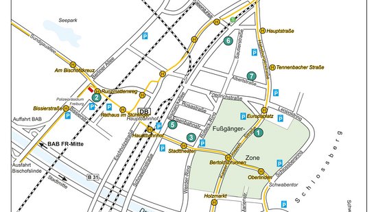 Das Bild zeigt eine Karte von Freiburg mit eingezeichneten Nummern für die Dienstgebäude des Regierungspräsidiums