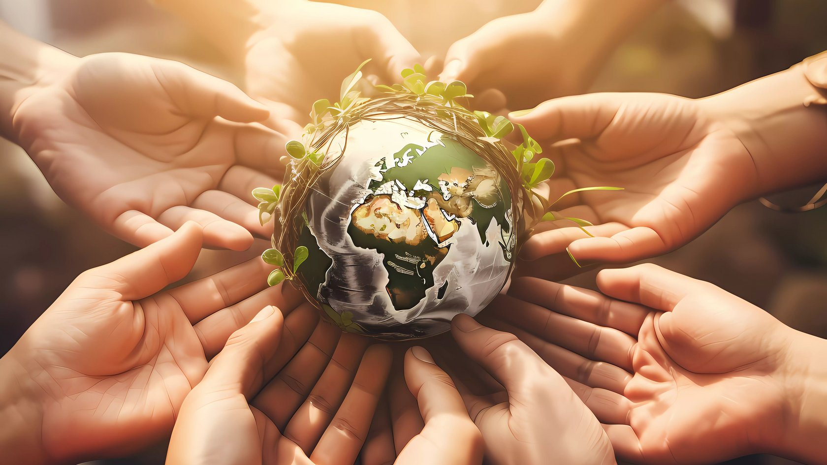 Viele Hände halten eine Erdkugel