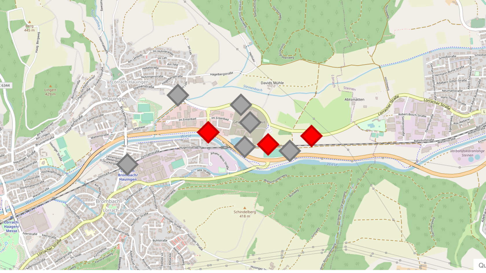 Kartenausschnitt der Ortschaften Lörrach und Weil und der Straße B 317