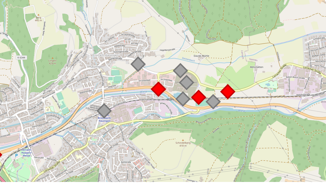 Kartenausschnitt der Ortschaften Lörrach und Weil und der Straße B 317