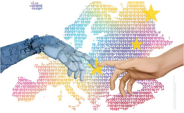 Eine Roboterhand und eine menschliche Hand berühren sich vor einer Landkarte