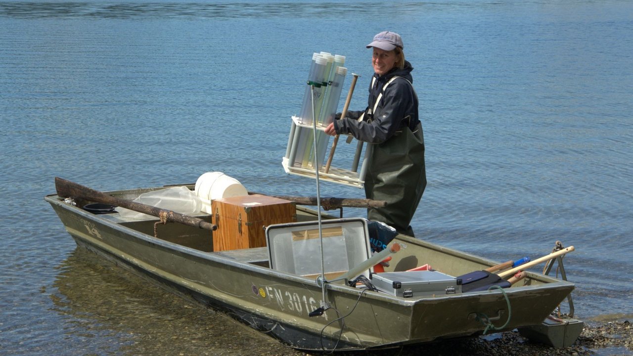 Biologin in einem Untersuchungsboot am Ufer des Bodensees