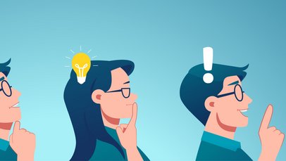 Grafik mit zwei Frauen und Männern (Fragezeichen, Glühbirnen, Ausrufezeichen über dem Kopf)