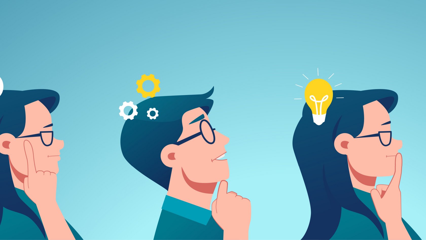 Grafik mit zwei Frauen und Männern (Fragezeichen, Glühbirnen, Ausrufezeichen über dem Kopf)