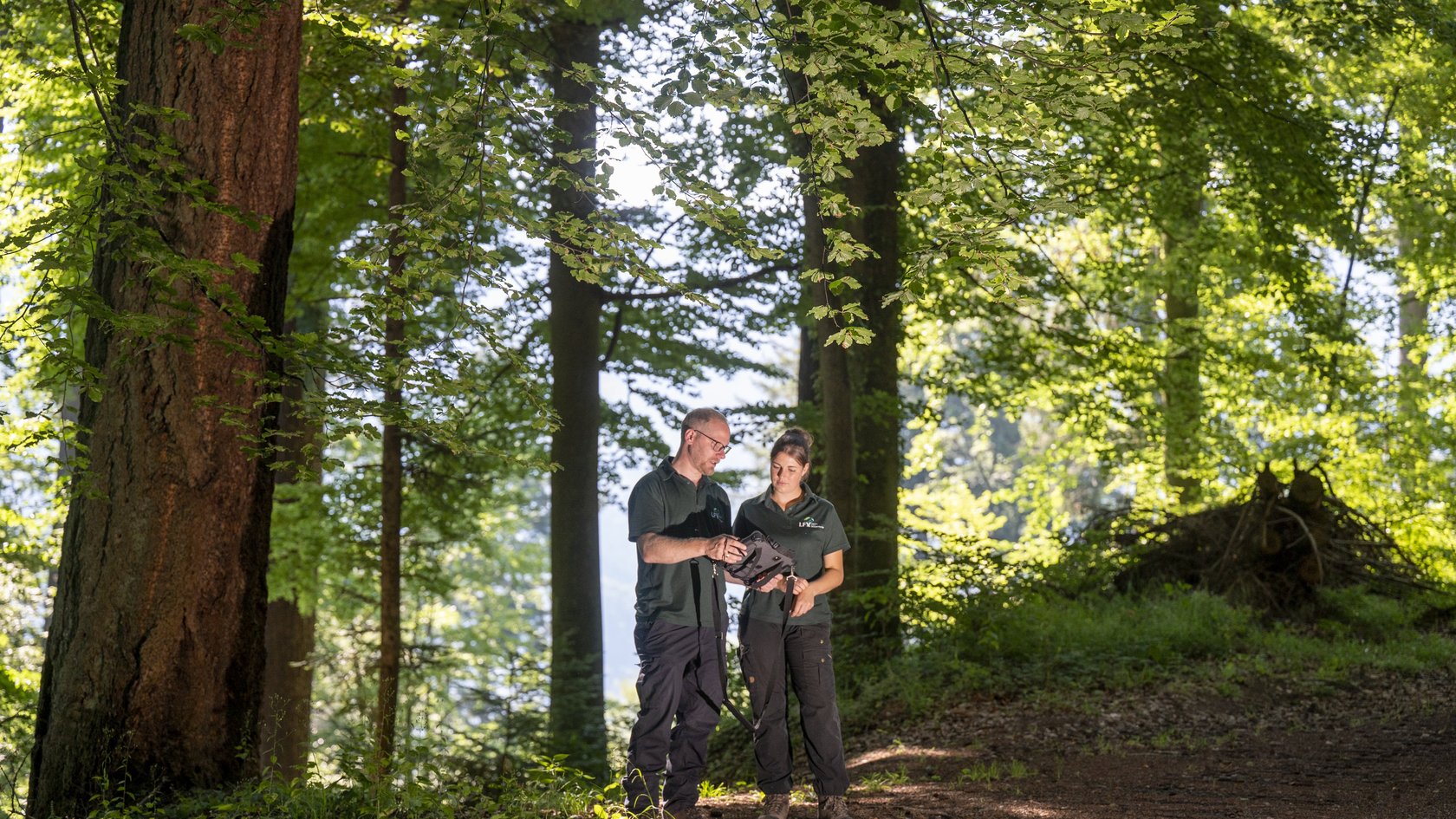 Zwei Männer in einem Wald mit einem mobilen Endgerät in den Händen