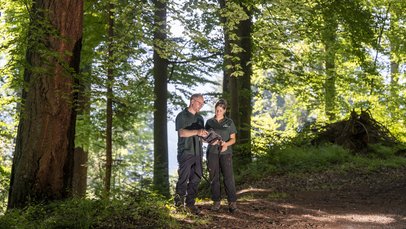 Zwei Männer in einem Wald mit einem mobilen Endgerät in den Händen