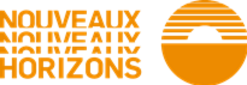 Nouveaux horizons steht in orangener Schrift neben einer Zeichnung eines Horizonts