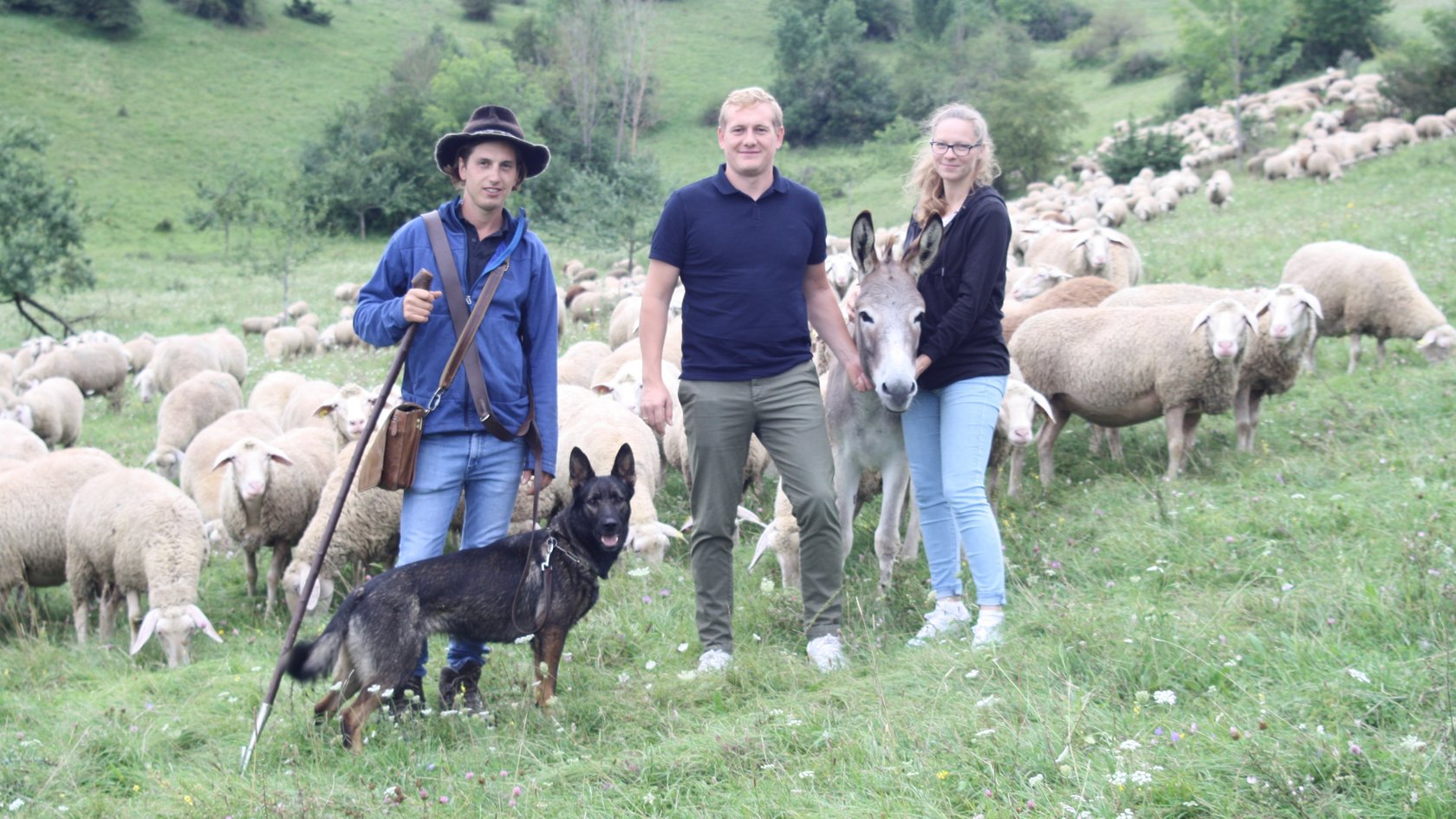 Aron, Lukas und Astrid Mauch mit Hund, Schafen und einem Esel