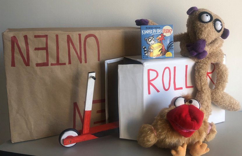 Paketinhalt: Waschbär, Hahn, zwei Kartons, ein Roller sowie das Pixi-Büchlein