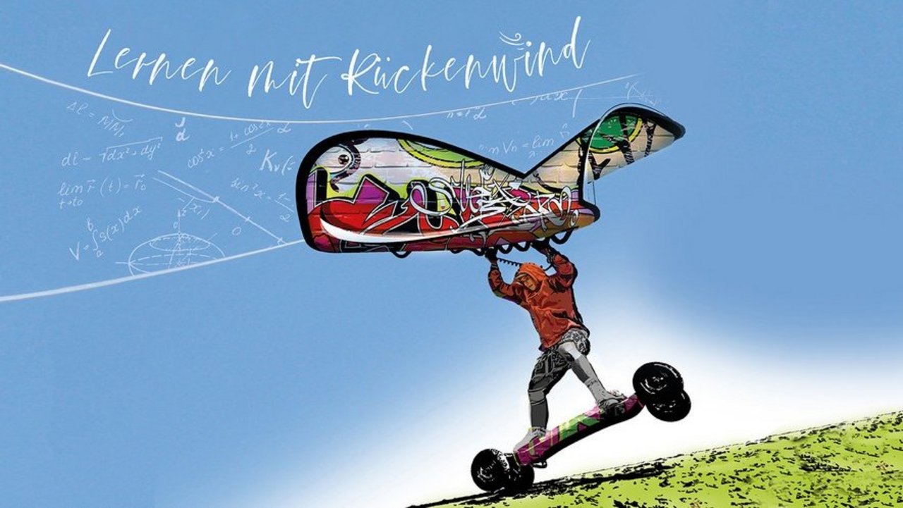 Lernen mit Rückenwind Person auf einem Skateboard mit Rückenwind