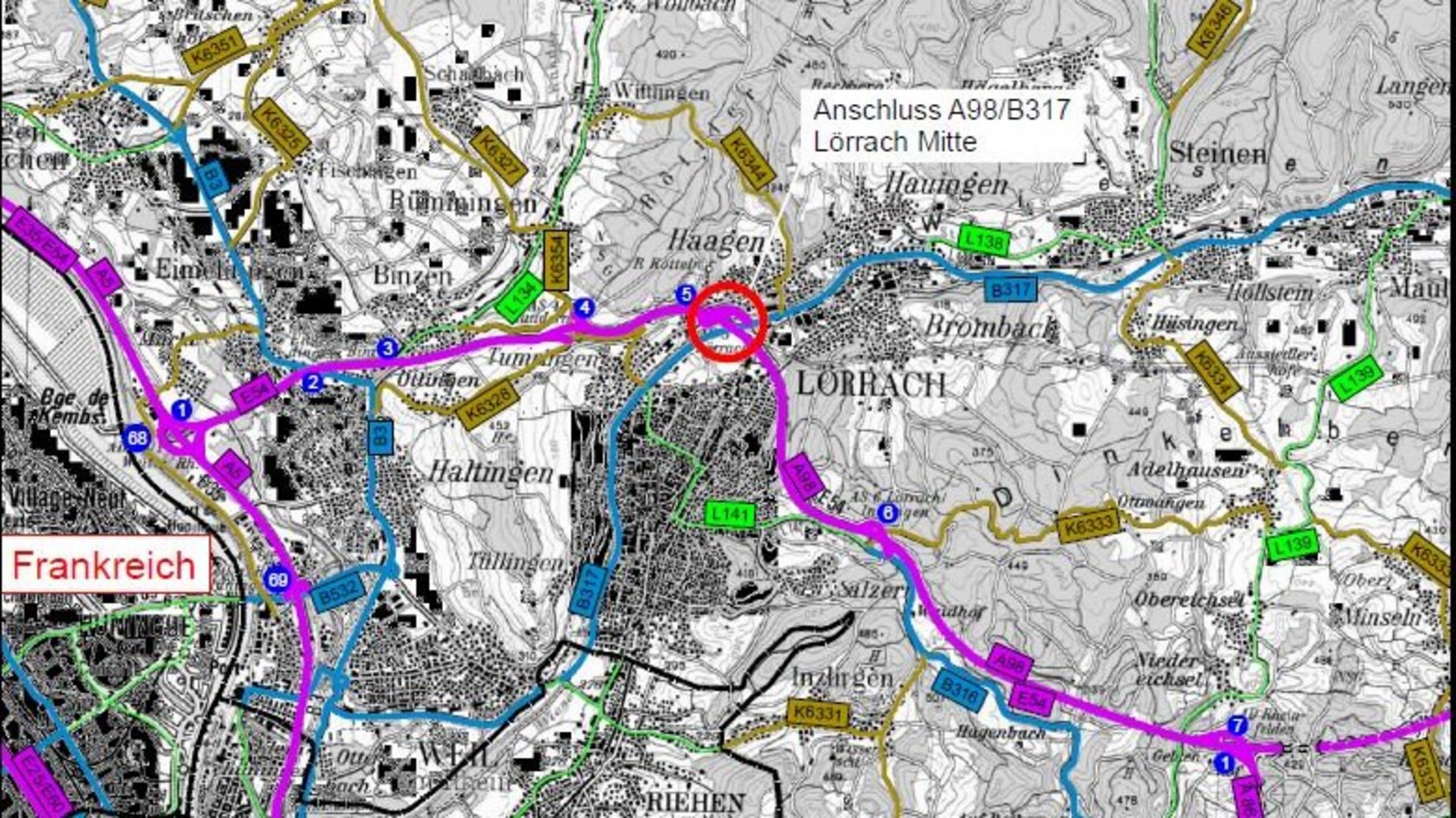 Übersichtskarte B 317 - A 98 AS Lörrach Mitte