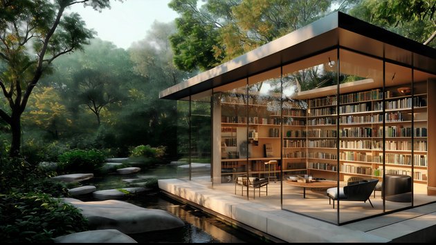 Bibliothek mit Glaswänden und Leseraum mit Blick auf einen ruhigen Garten