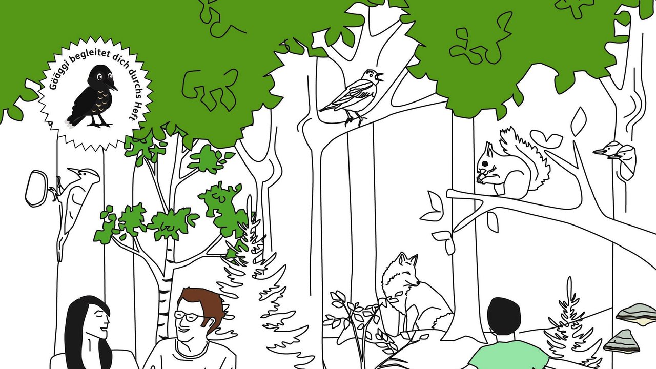 Der Tannenhäher „Gäägi führt die Kinder durch das neue Entdeckerheft Wald des Biosphärengebiets Schwarzwald. 